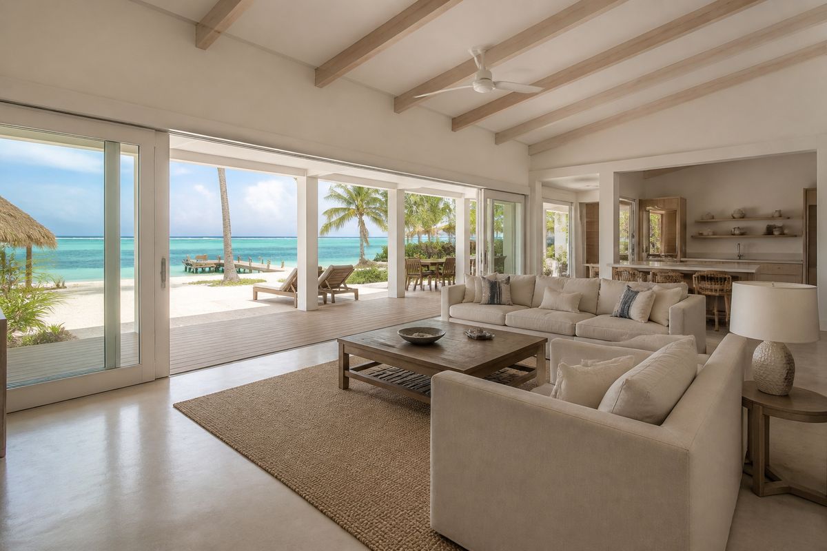 Main living area opening to the deck — AI-generated demo photograph